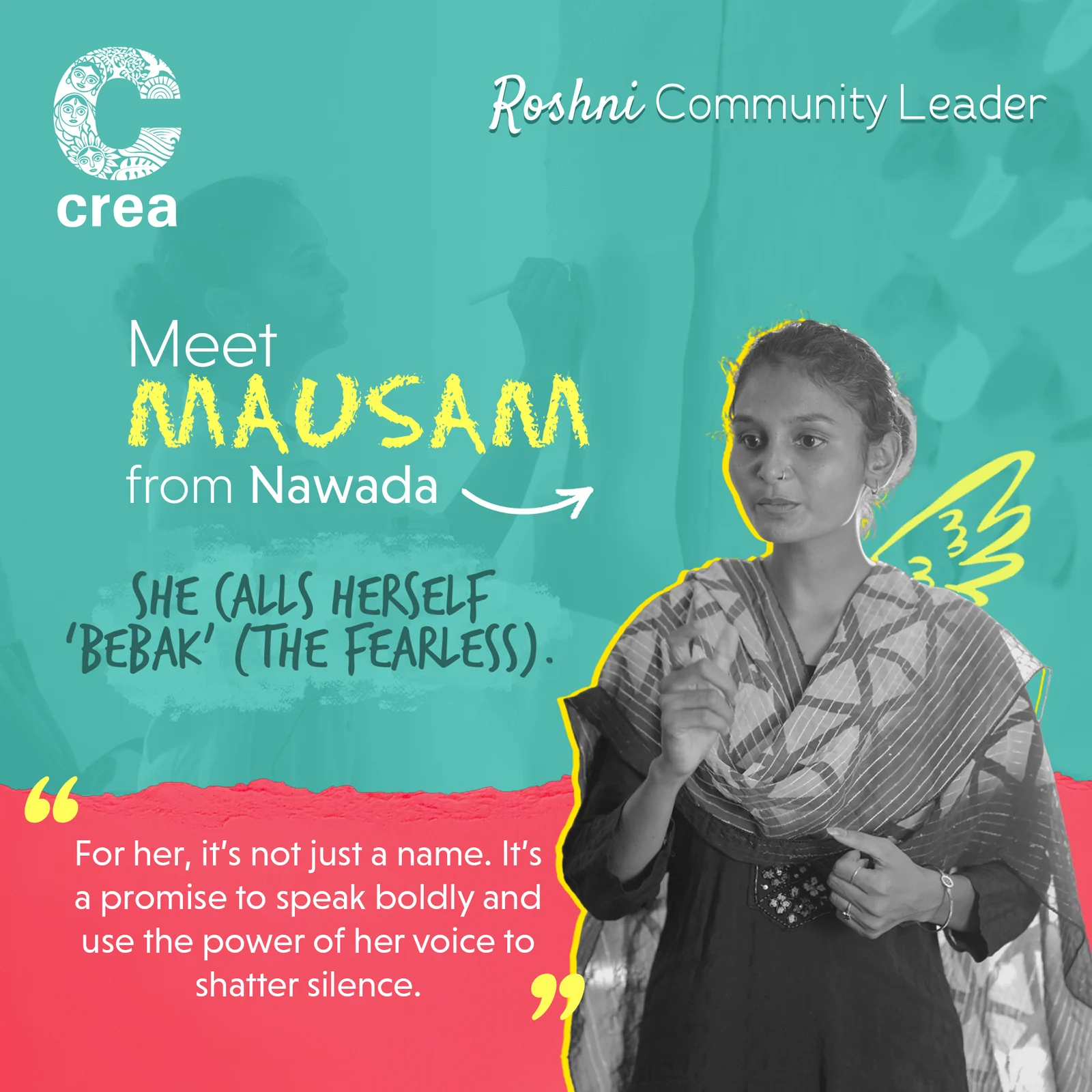 CREA carousel introducing Roshni community leader Mausam